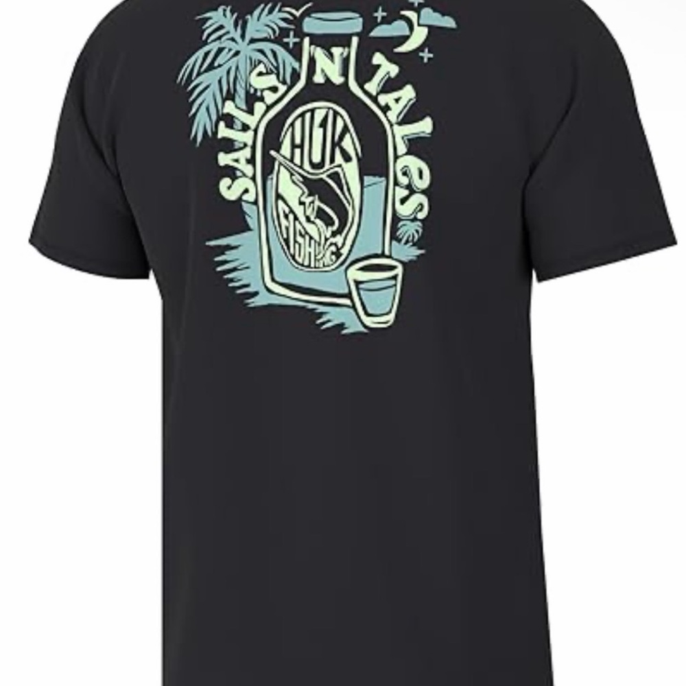 HUK Performance Fishing Shirt Mens XXL Black Sails N Tales Rum Bottle Tee